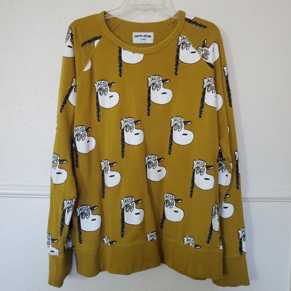 Fucking Awesome Acid Snoopy Sweatshirt Mens XL Mustard Yellow Graphic Pullover